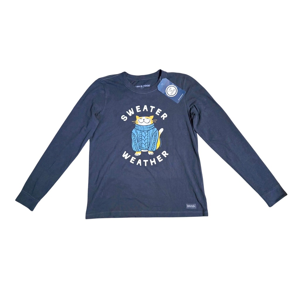 Life Is Good NWT Women's M Crusher Long Sleeve Tee Blue Sweater Weather Cat